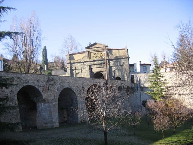 UNESCO World Heritage Venetian Walls encircling Bergamo Alta with expansive plain views