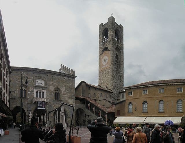 Piazza Vecchia historic central square and Contarini fountain in Bergamo Alta