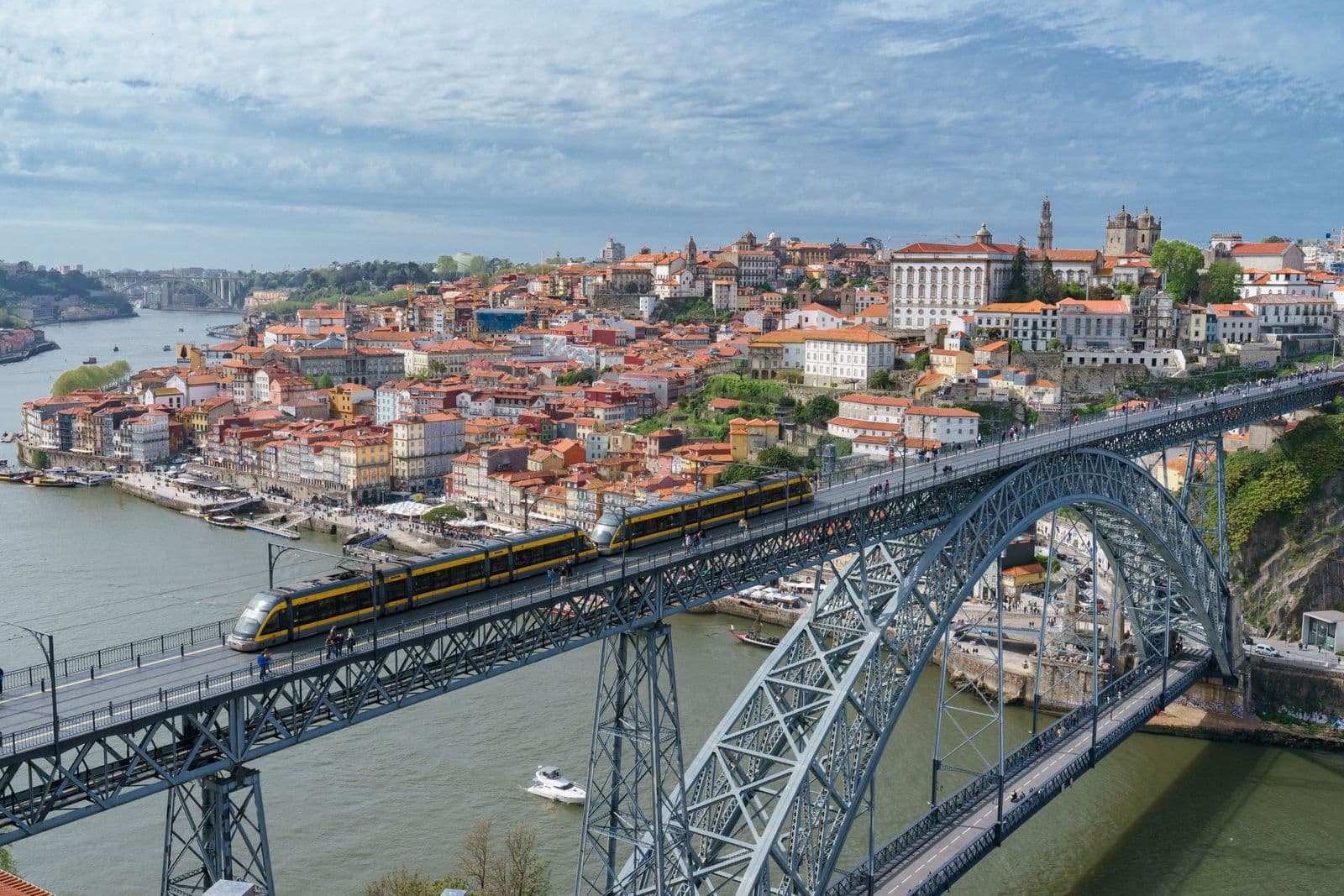 Aerial shot of the iconic Luís I Bridge in Porto