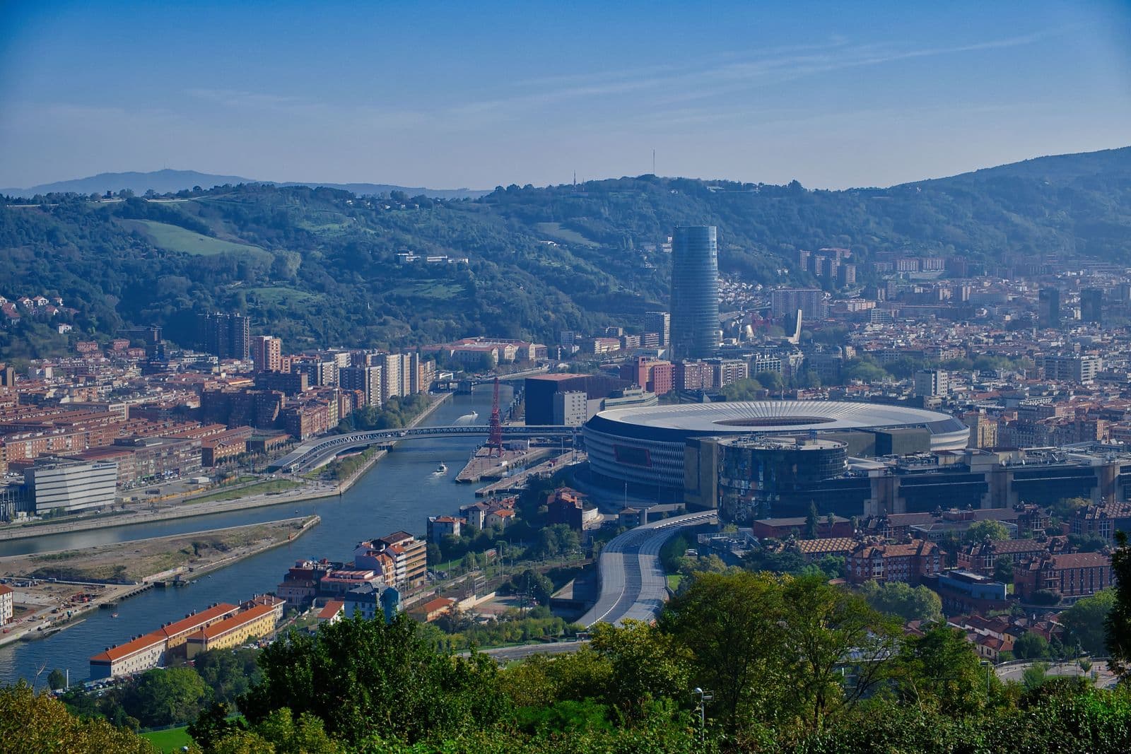 Bilbao urban cityscape with San Mamés transit terminal and the corridor leading toward the Basque highway network