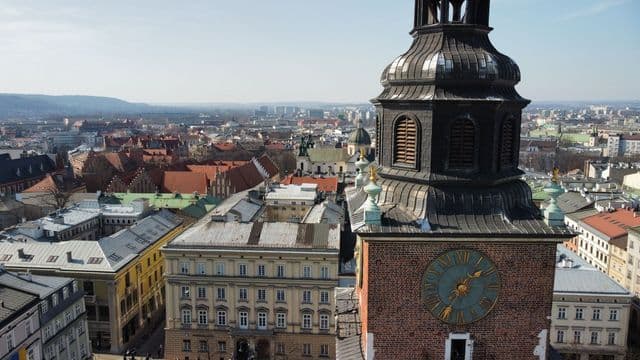 Stunning aerial capture of Krakow's historic architecture and landmarks from above.