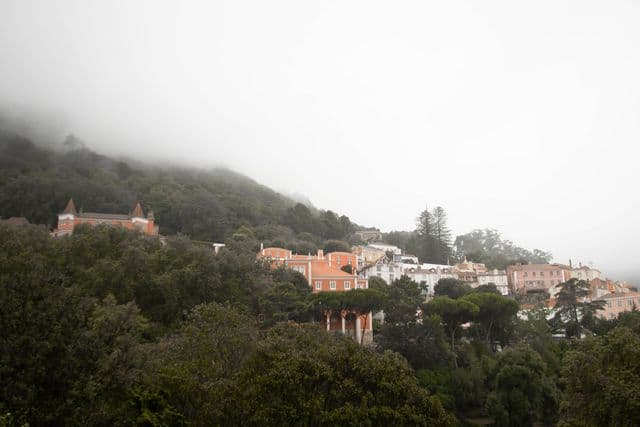 Discover the serene foggy village nestled in the mountains of Lisbon, showcasing charming architecture and lush forests.